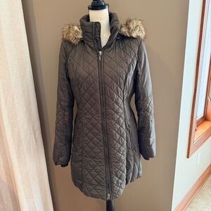 Esprit Puffer Fur Hooded Warm Coat Live Green Zip Up, Size Medium